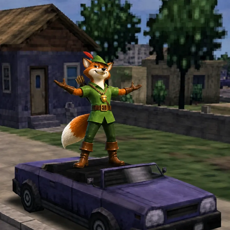 The fox standing on the roof of a convertible with his arms spread